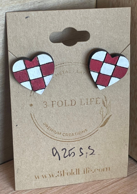 Hand Painted Heart Checkerboard Earrings Sterling Posts